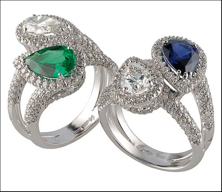 Collezione Opera, anelli con diamanti, smeraldo e zaffiro