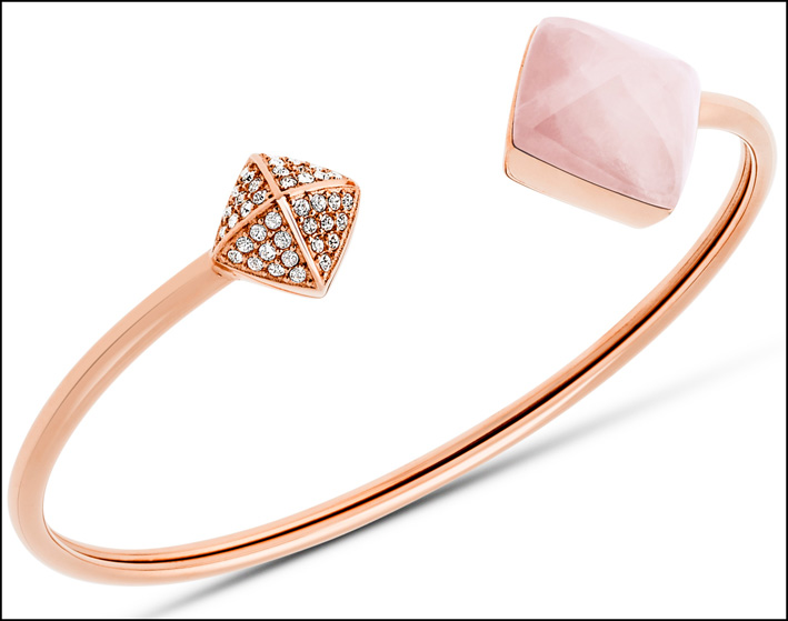 Bangle in acciaio Rose Gold IP con quarzo rosa e cristalli Prezzo: 119 euro