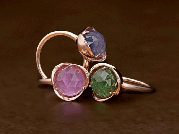 Collezione Minuetto. Oro rosa 9 o 18 carati, diamanti, ametista, tormalina rosa e verde 