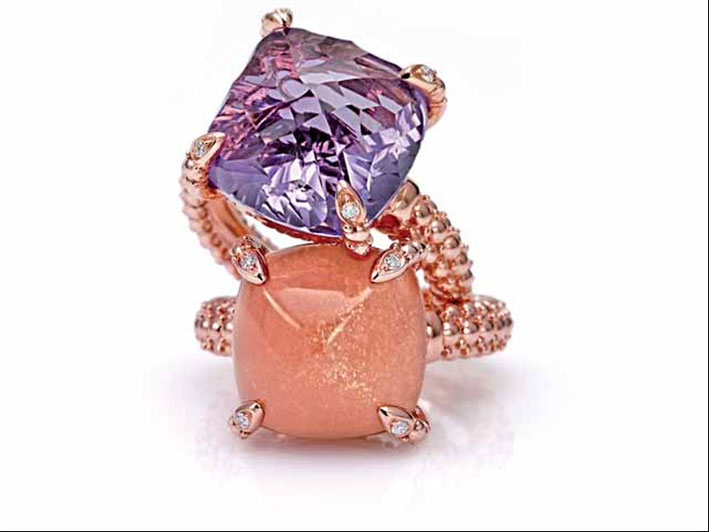 Collezione Minuosa. Anelli in oro rosa 9 o 18 carati, diamanti, ametista, sun stone