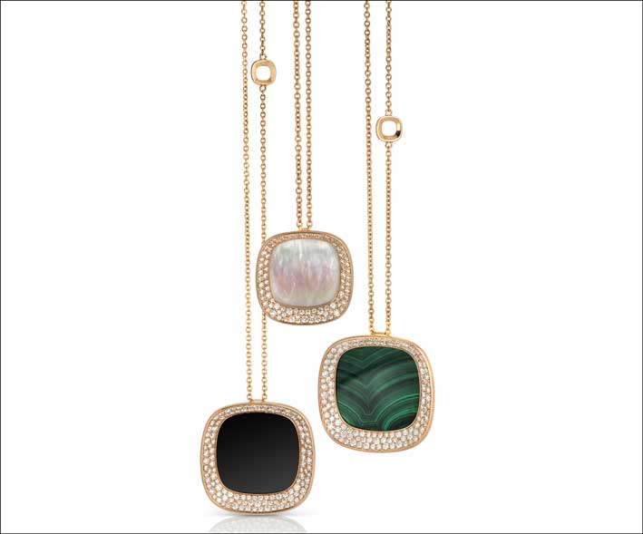Rose gold pendants with white diamonds, malachite, mother of pearl and black jade