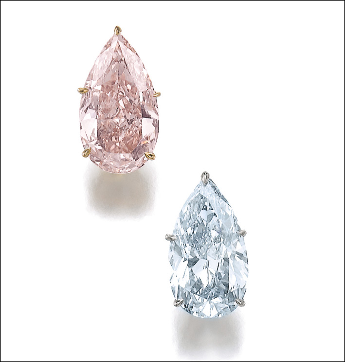 Coppia di orecchini con diamanti fancy blu e rosa. Venduti per 5,85 milioni di franchi