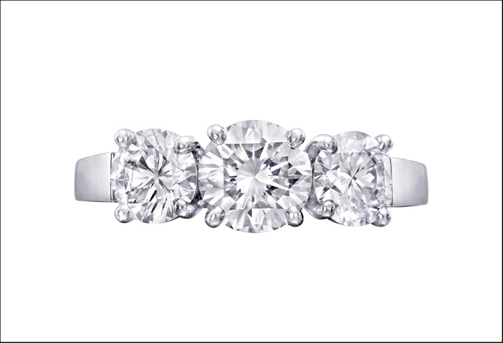 Il classico anello in oro bianco e tre diamanti di Tiffany & co.