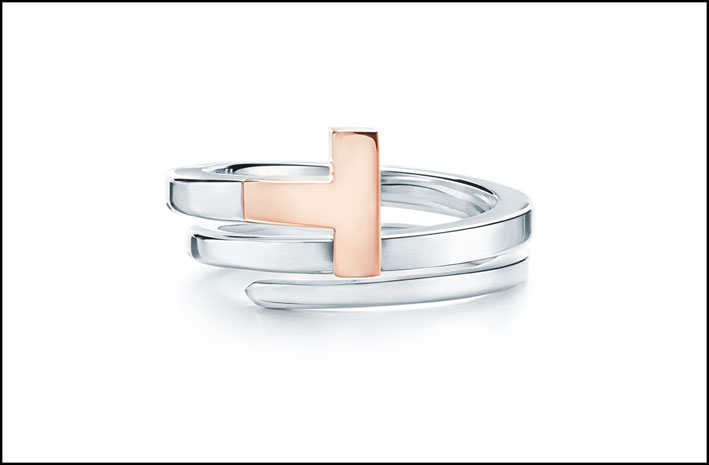 Collezione T, anello in oro rosa e bianco