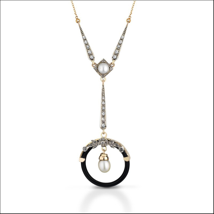 Collana liberty in oro 9kt, argento e diamanti con pendente di onice e perla naturale