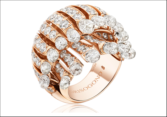 Collezione Frange, anello in oro rosa e diamanti bianchi briolette