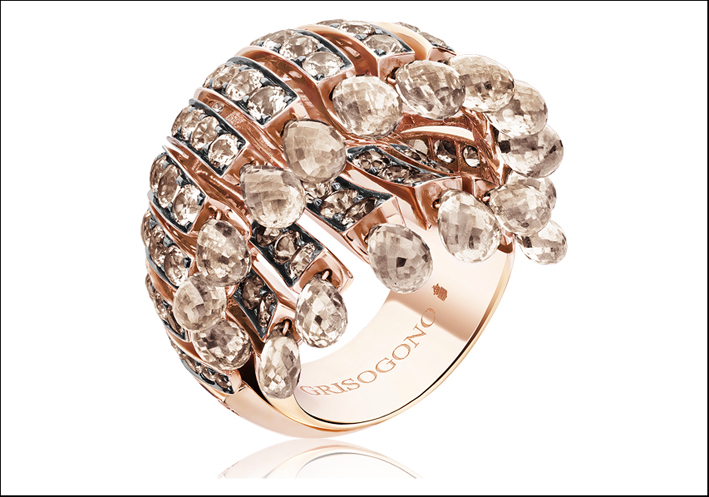 Collezione Frange, anello in oro rosa e diamanti brown briolette
