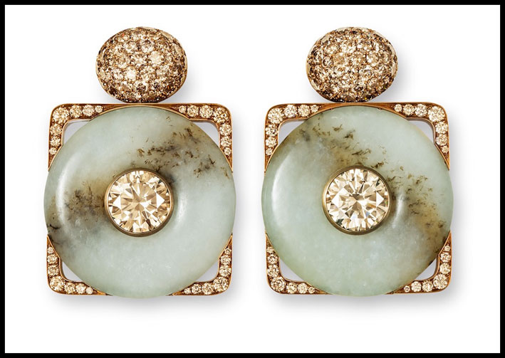Hemmerle: orecchini realizzati a mano con giada, diamanti, bronzo, oro bianco