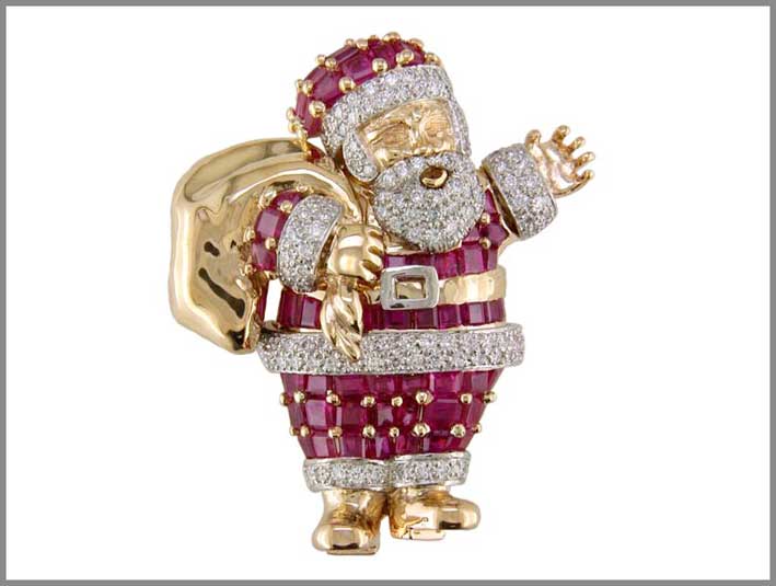 Babbo Natale, spilla in platino con 133 diamanti, 68 rubini