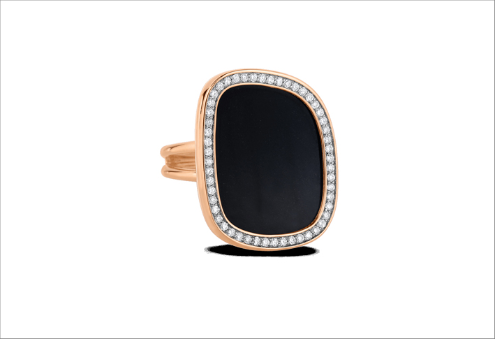 Roberto Coin, anello opendenti in oro rosa, diamanti e giada nera