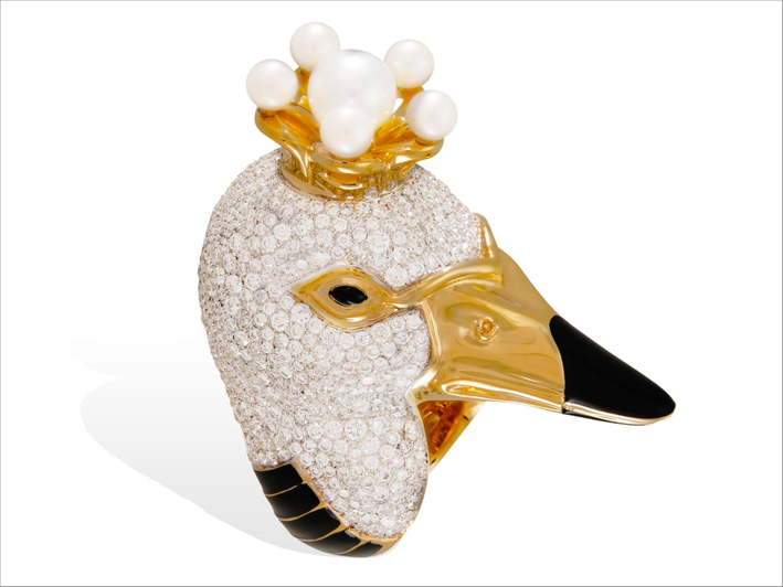 Anello Cigno, in oro, con diamanti neri e bianchi