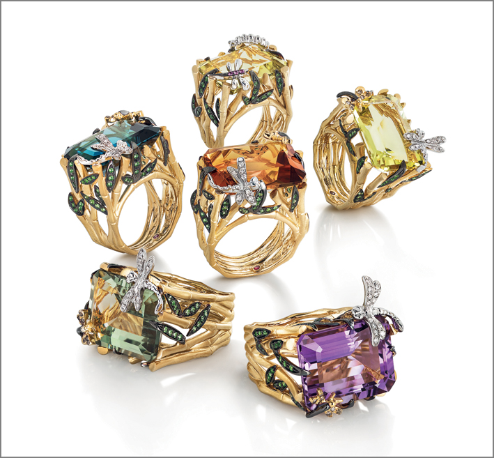 Rings in satin yellow gold with Blue topaz, prasiolite, amethyst, lemon and honey quartz, as center stones. Brown and white diamonds, green garnet, yellow sapphires in the decorative components