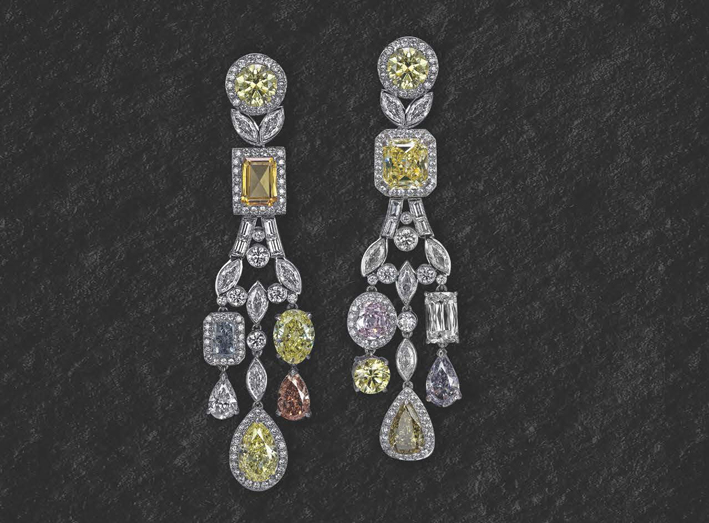 Orecchini chandelier in diamanti bianchi e fancy yellow e pink