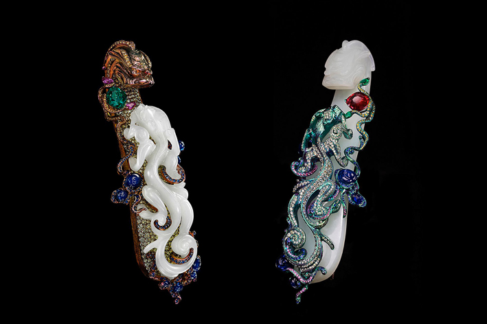 A tale of two dragons, spille. Periodo Qianlong (1736-1795) bianco, gancio Jade Dragon cintura, smeraldo, rubino, zaffiro, zaffiri rosa e diamanti fancy 
