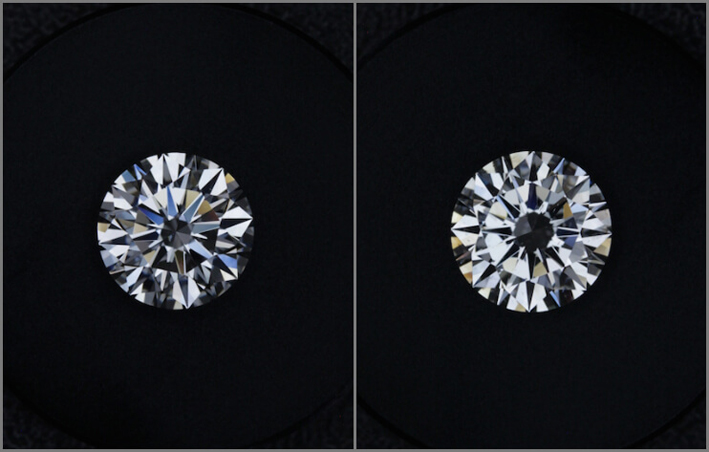 A sinistra, un diamante con simmetria giudicata Eccellente. A destra, simmetria buona. La differenza è poco visibile