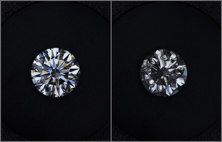 A sinistra, un diamante con una simmetria classificata come Ottima. A destra, una pietra classificata con simmetria Povera