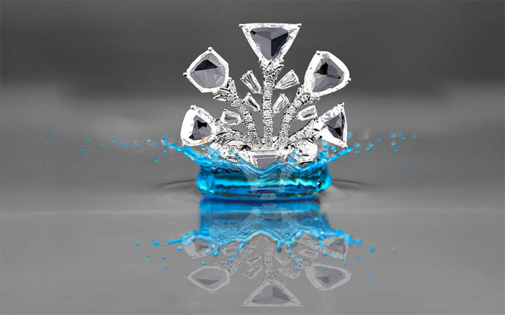Anello di diamante in oro bianco 18 carati, con diamanti taglio rosa  e piccoli diamanti tondi