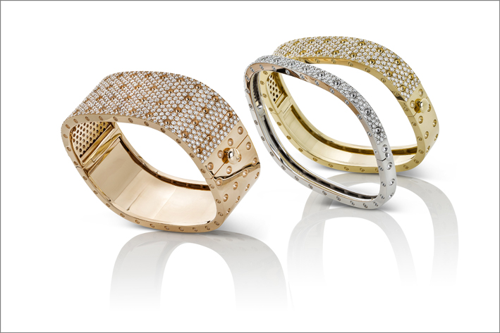 Rose, white and yellow gold bangles with diamonds
