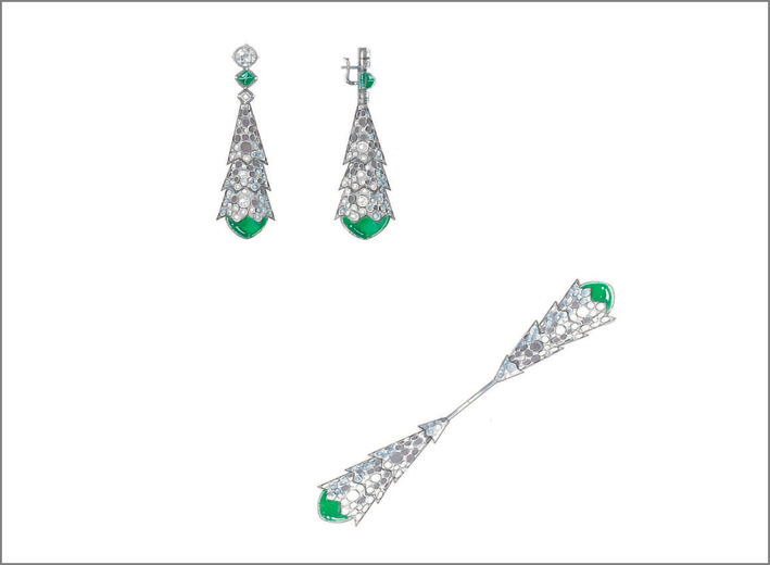 Reza, orecchini con 4 smeraldi pan d -zucchero  di 15,96 carati e 632 diamanti del peso di 11,67 carati su oro bianco. Possono essere ndossati come orecchini o come spilla
