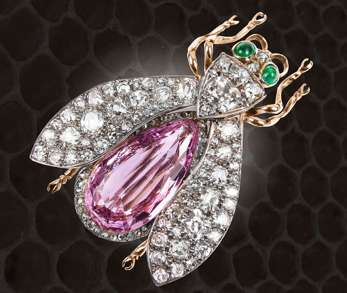 Spilla del 19esimo secolo a forma di ape, con topazi o rosa, diamanti e smeraldi