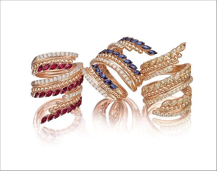 Collezione Tiramisù, anelli in oro rosa, diamanti, rubini, con diamanti campagne e con zaffiri 