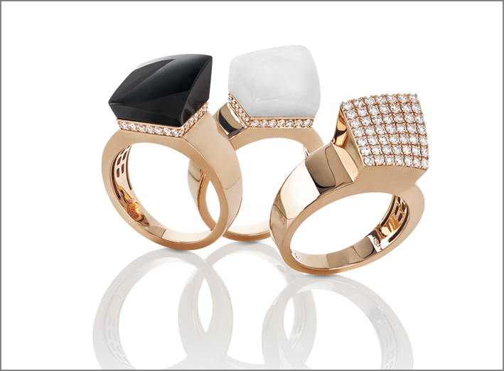 Rose gold rings with black and white jade and diamonds