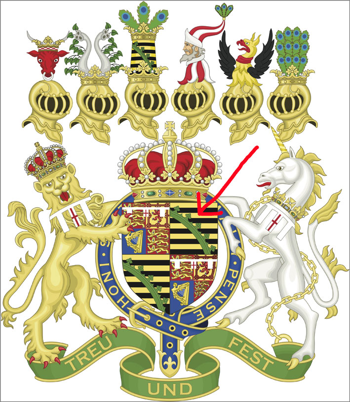 Lo stemma del principe Alberto di Sassonia-Coburgo-Gotha. La freccia indica il motivo Saxon Rautenkranz