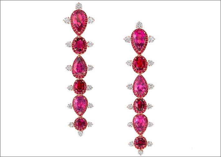 Orecchini Stilettos con rubini, diamanti e rubellite