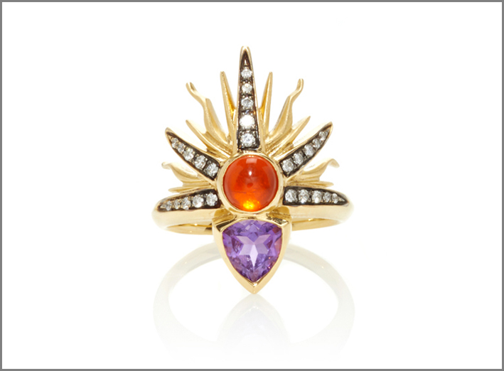 Collezione Elementa, anello Matahari, con opale, ametista e diamanti
