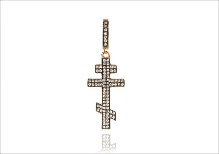 Croce cristiano ortodossa con 88 diamanti e oro rodiato nero 