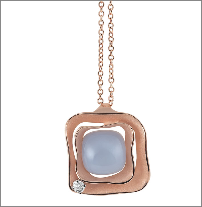 Dune cubic collection pendant in pink gold and diamonds with blue chalcedony