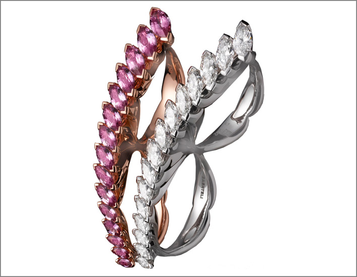 Anelli doppi della collezione Cascade in oro rosa e bianco, con diamanti o zaffiri