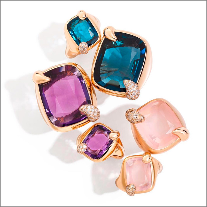 pomellato RitrattoCollection family has a wide range of color from the deep shades of London Blue topaz and amethyst to the softer hues of pink of the rose quartz