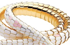 Detail of Diana Vreelands iconic gold white and pink enamel snake belt