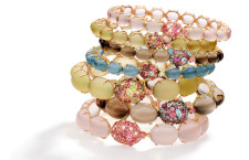Bracelets in 18k yellow and rose gold with brown and white diamonds pink smoky and lemon quartz pink tourmaline ruby mandarin garnet and aquamarine.