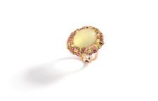 Ring in 18K rose gold with round brown diamonds chrysoberyl lemon quartz and mandarin garnet