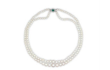 AN EXCEPTIONAL DOUBLE STRAND NATURAL PEARL EMERALD AND DIAMOND NECKLACE2447635