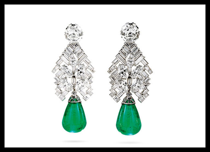 Cartier, orecchini di diamanti tagliati a smeraldo e smeraldi a goccia, 1934