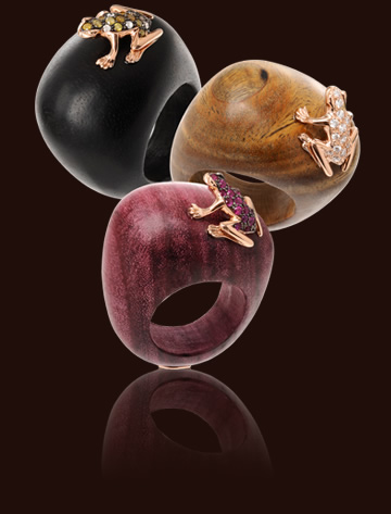 anello legno anelli in legni naturali con rana in oro rosa e diamanti o diamanti fancy o rubini1