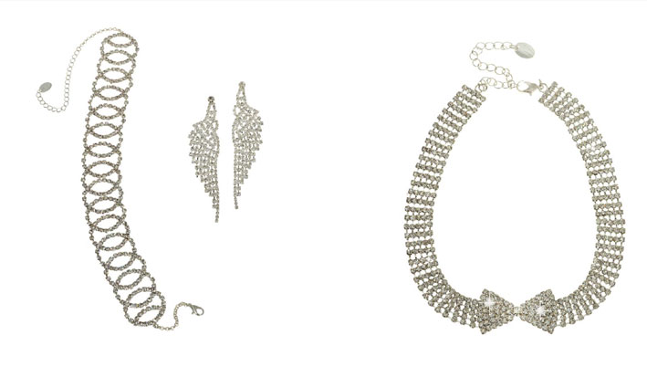 Crystal chain necklace 1899 crystal drop earrings 1299 crystal bow bib necklace 1899