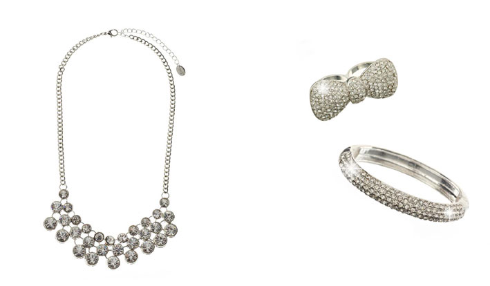 diamante cluster stat ement necklace 1699 silver diamante bangle 1299 Crystal bow ring 799