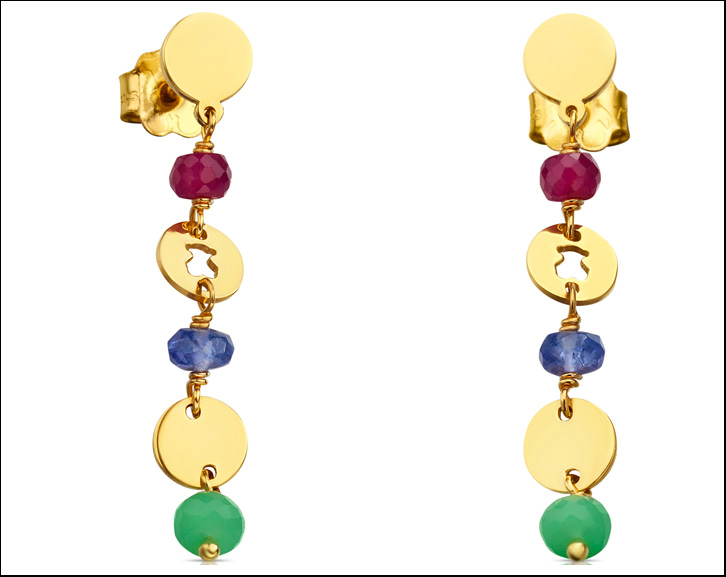 Collezione Confeti di Tous: orecchini in oro giallo con crisoprasio, tanzanite e rubini