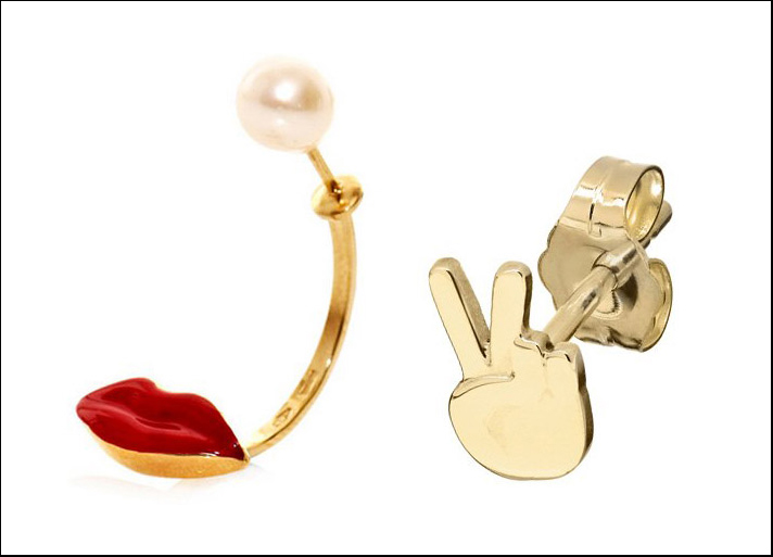 Delfina Deletterz orecchino con bocca in smalto rosso e perla e orecchino con simbolo V per Etsy