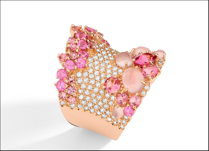 Brumani, Baobab collection Rosé, anello con diamanti, quarzo e tormaline brasiliane rosa 