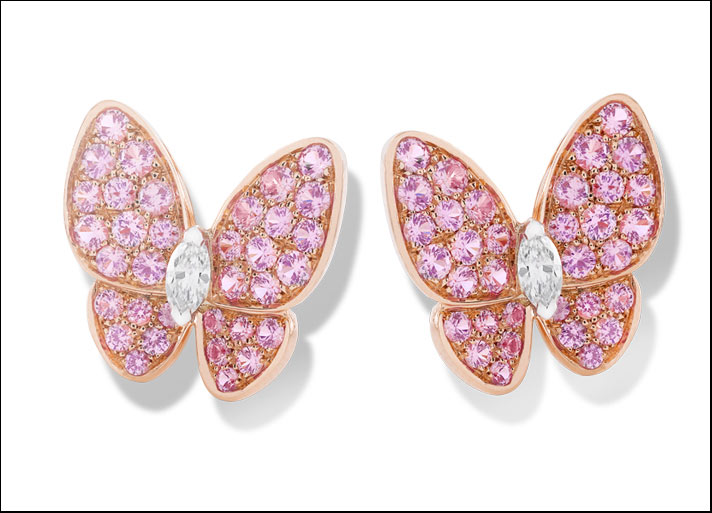 Van Cleef & Arpels, orecchini Papillons in oro rosa con zaffiri rosa e diamanti
