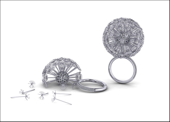 Best in Platinum: Christian Tse, anello in platino ispirato al fiore di tarassaco con diamanti rosa e incolori, con steli che si staccano 