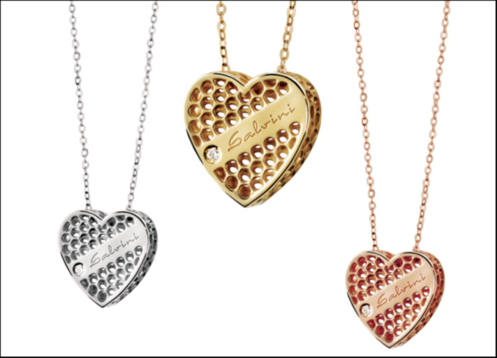 Collezione Golden cage, collana con pendente a forma di cuore in oro 9 carati bianco, giallo e rosa