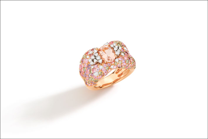 18K rose and white gold ring, hand engraved with diamond and brown diamond, African morganite and multicolored sapphires