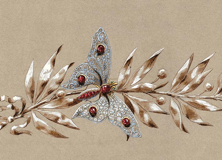 Chaumet, disegno del 1890 di un davanti de corsage con foglie di alloro e una farfalla