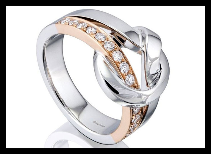 Anello di oro bianco e rosa 18 carati con diamanti. Prezzo: 1.500 euro